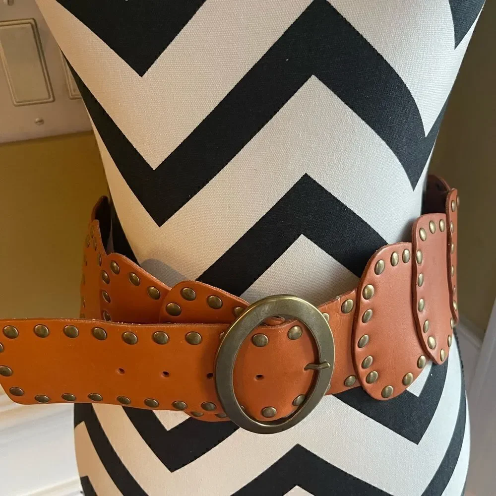 Lake shore Drive leather tan patchwork Belt with brass buckle & studs accents